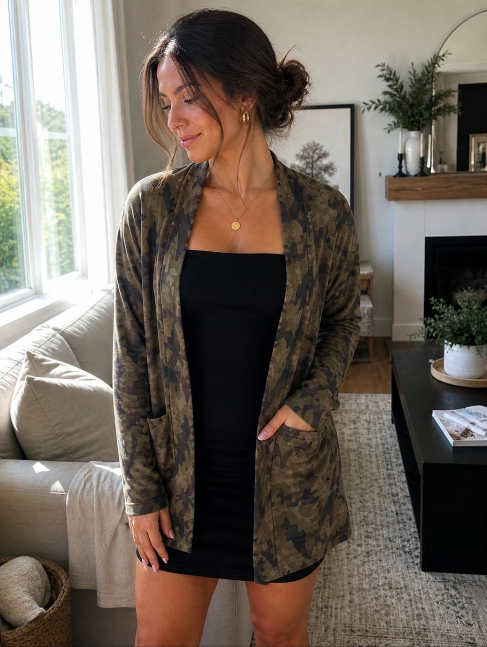 Camo Print Open Front Cardigan